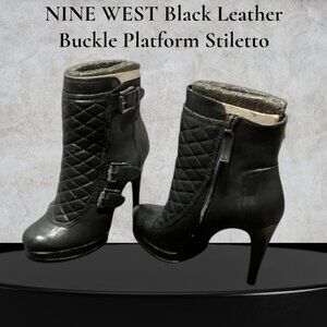 Nine West Aspida Quilted Black Leather Buckle Platform Stiletto Ankle Boots